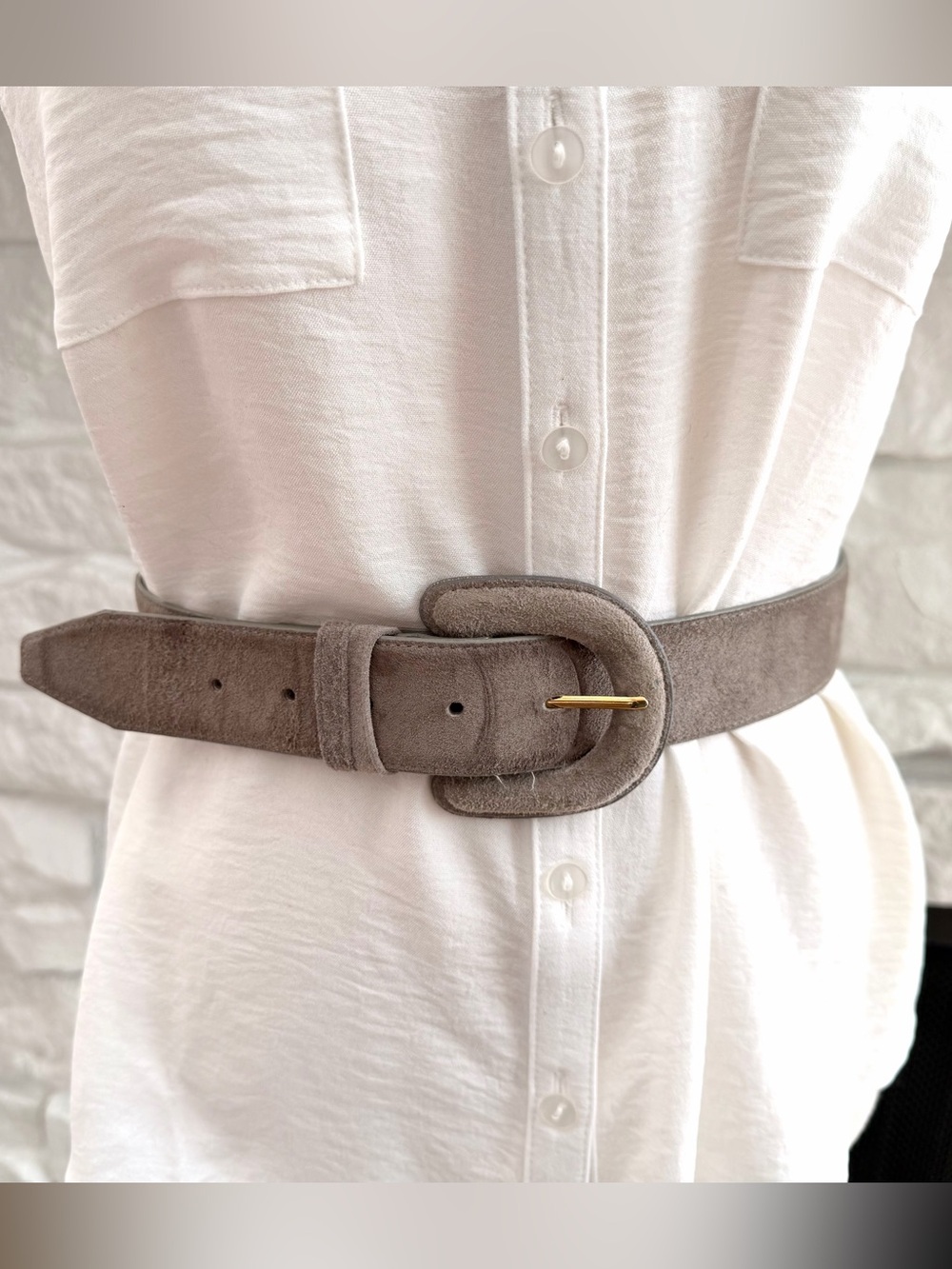 Vintage Honors Accessories Gray Taupe Genuine Pig Suede Belt M/L Covered Buckle